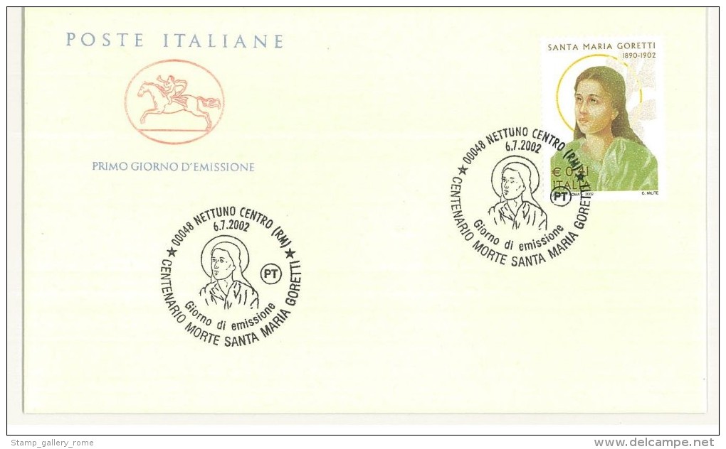 FDC CAVALLINO - ANNO 2002 - CENTENARIO MORTE SANTA MARIA GORETTI - NETTUNO - FDC