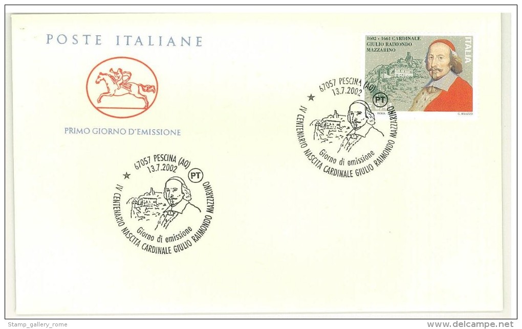 FDC CAVALLINO - ANNO 2002 - IV CENTENARIO NASCITA CARDINALE GIULIO RAIMONDO MAZZARINO - PESCINA - FDC