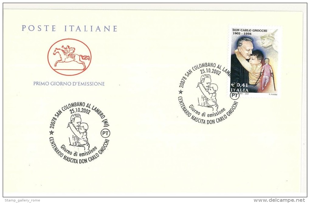 FDC CAVALLINO - ANNO 2002 - CENTENARIO NASCITA DON CARLO GNOCCHI - SAN COLOMBANO AL LAMBRO - FDC