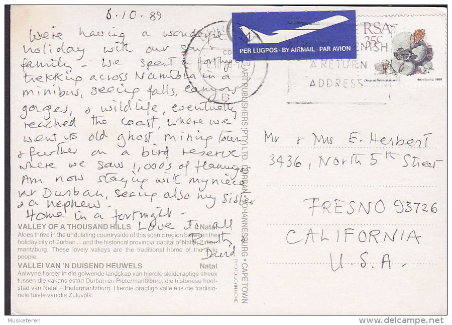 South Africa PPC Valley Thousand Hills LUGPOS Air Mail Par Avion Label DURBAN 1989 FRESNO United States(2 Scans) - Posta Aerea