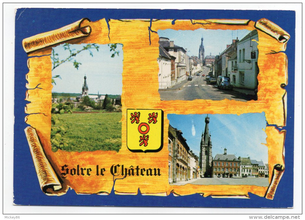 SOLRE LE CHATEAU--1987--Multivues  Sur Fond Parchemin(blason),cpsm 15 X 10 N° NC 344 éd De L'Europe--cachet SOLRE-59 - Solre Le Chateau