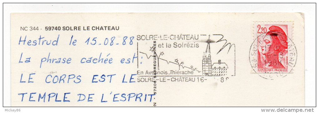 SOLRE LE CHATEAU--1987--Multivues  Sur Fond Parchemin(blason),cpsm 15 X 10 N° NC 344 éd De L'Europe--cachet SOLRE-59 - Solre Le Chateau