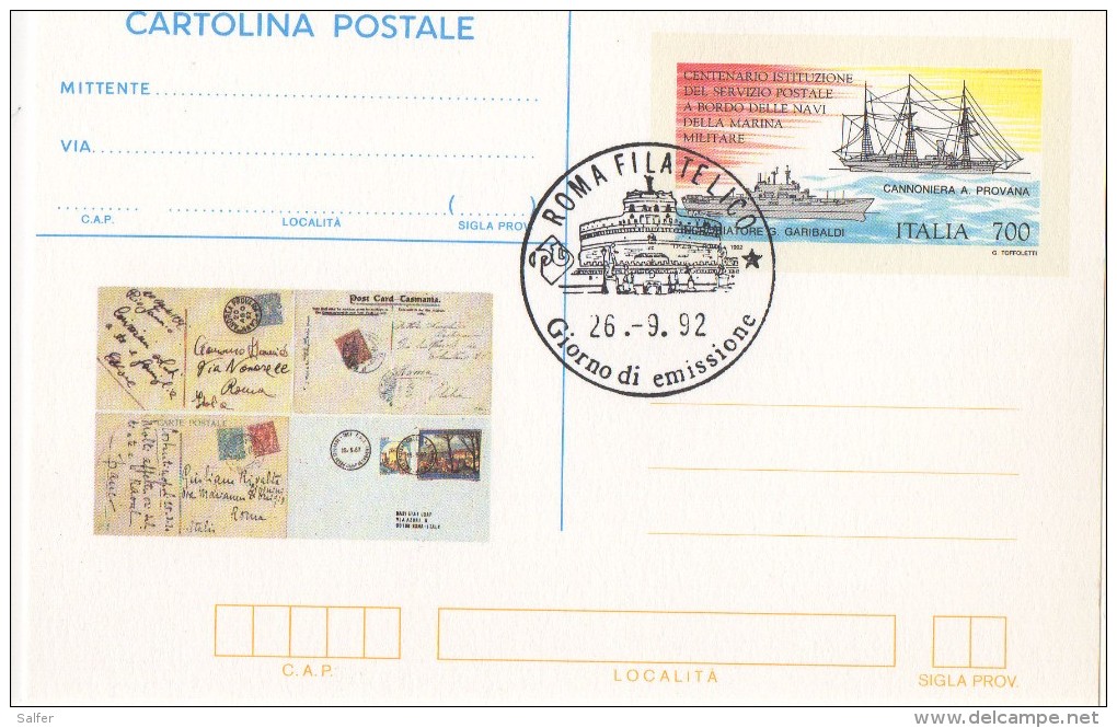 Italia - Cartolina Postale  1992  " 100° Servizio Marittimo Navale  " L. 700   Annullo 1° Giorno - Stamped Stationery