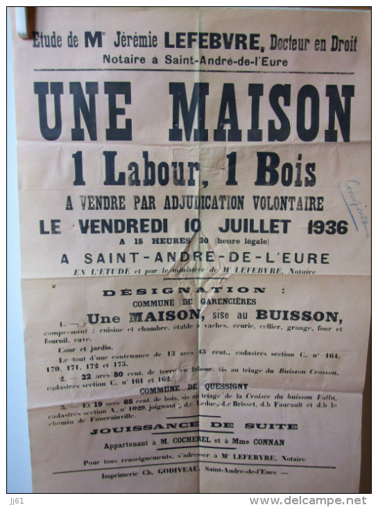 SAINT ANDRE DE L EURE AFFICHE 43CMX62CM VENTE 1 LABOUR 1 BOIS ANNEE 1936 ET A GARENCIERES AU BUISSON ET QUESSIGNY - Afiches