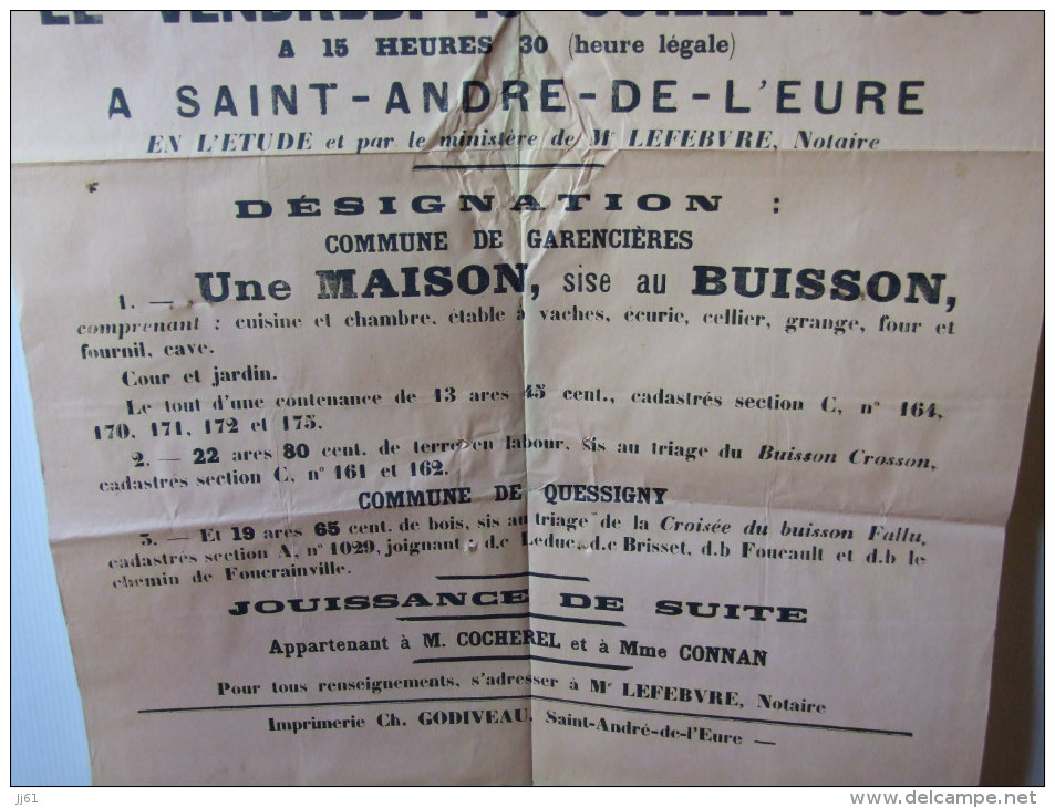 SAINT ANDRE DE L EURE AFFICHE 43CMX62CM VENTE 1 LABOUR 1 BOIS ANNEE 1936 ET A GARENCIERES AU BUISSON ET QUESSIGNY - Afiches