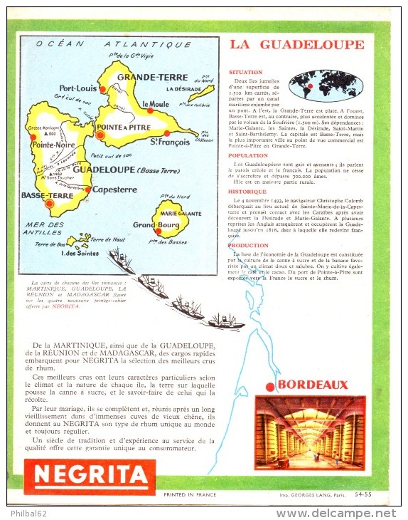 Protège-cahier Rhum Négrita. Verso : Carte De La Guadeloupe. Tampon Noël-Vincourt à Flers En Escrebieux. - Protège-cahiers