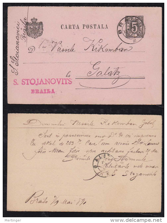 Rumänien Romania 1891 Stationery Card BRAILA To GALATI - Storia Postale
