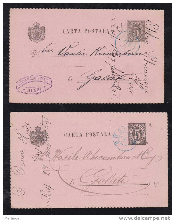 Rumänien Romania 1891 2 Stationery Card HUSI To GALATI 2 Type Of PM - Storia Postale