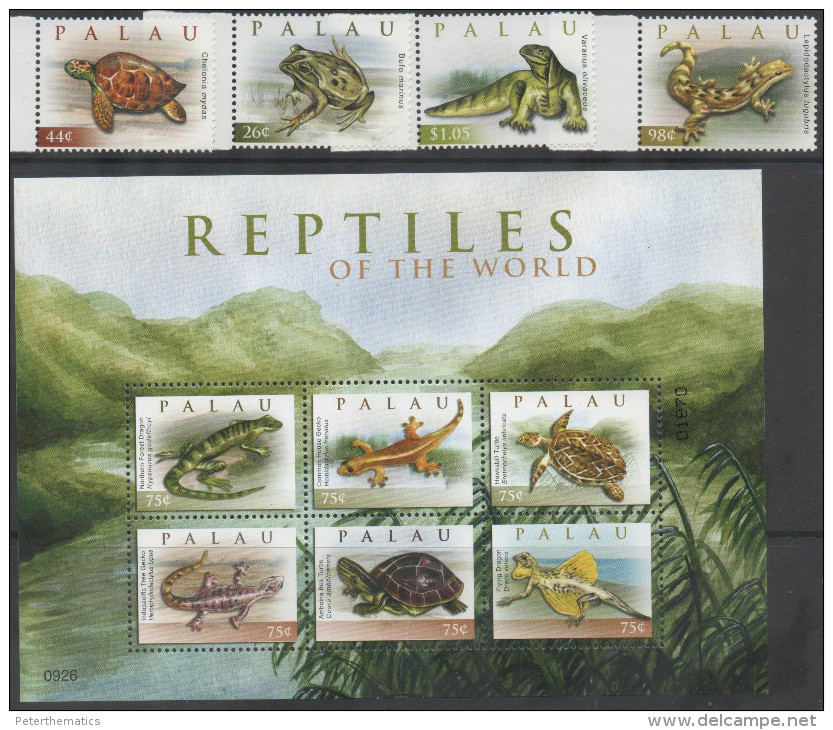 PALAU,MNH, REPTILES, TURTLES, LIZARDS, FROGS, 4v+SHEETLET - Turtles