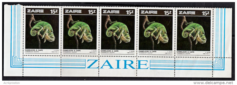 A5125 ZAIRE 1987, SG1276  15Z Zairian Reptiles, Chamaleon, Marginal Strip Of 5 MNH - Usados