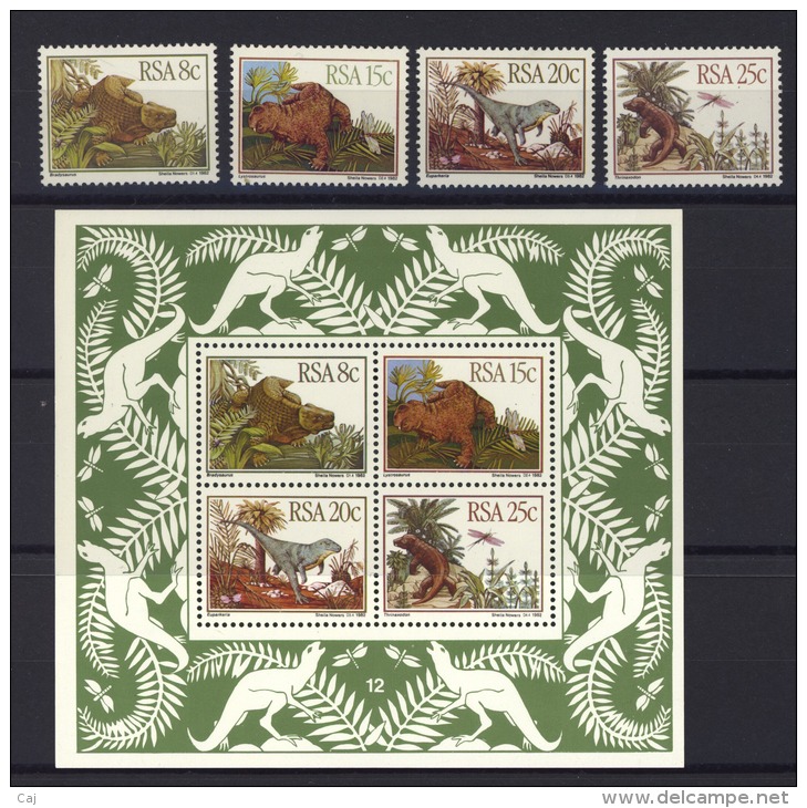 01612  -   Afrique Du Sud  :  Mi  622-25 + Bl  14  **   Dinosaures - Neufs