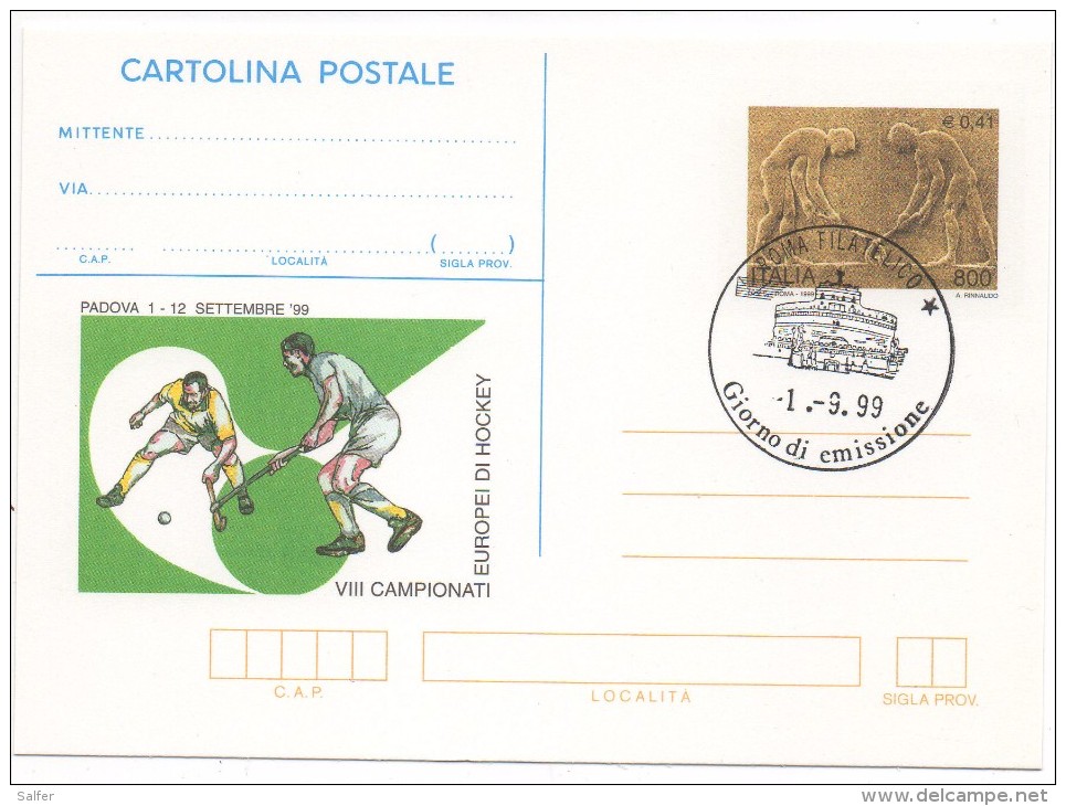 Italia - Cartolina Postale  1999  " Hockey " € 0,41  Annullo 1° Giorno  Roma - Entiers Postaux