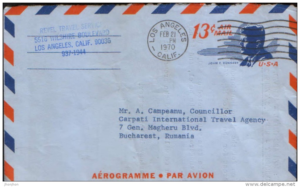 United States - Postal Stationery Cover(aerogramme) Circulated In 1970 To Romania From California,Los Angeles - 1961-80