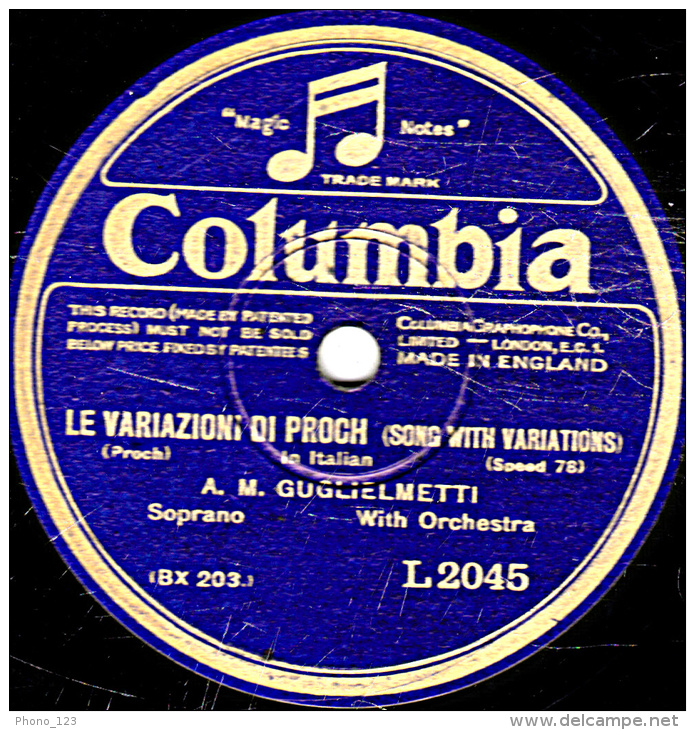 Disque 78 Tours - 30 Cm - état TB  - A.M. GUGLIELMETTI  In Italian - LE VARIAZIONI DI PROCH - THE MAGIO FLUTE - 78 T - Disques Pour Gramophone