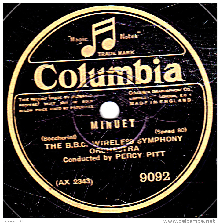 Disque 78 Tours - 30 Cm - état EX -  THE B.B.C. WIRELESS SYMPHONY ORCHESTRA -LES MILLIONS D'ARLEQUIN - MINUET - 78 T - Disques Pour Gramophone