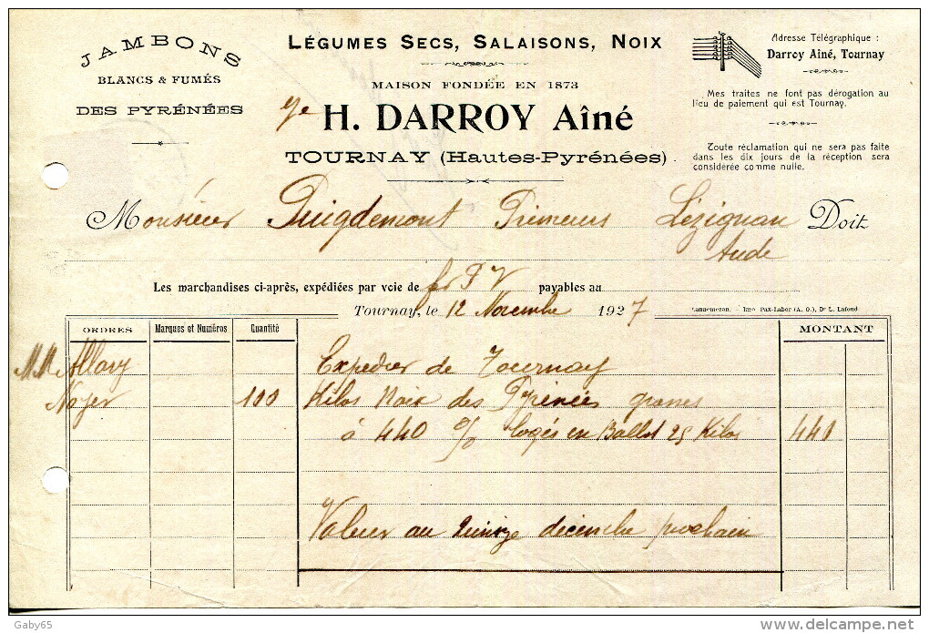 65.HAUTES PYRENEES.TOURNAY.LGUMES SECS.SALAISONS.NOIX.H.DARROY AINE. - Food