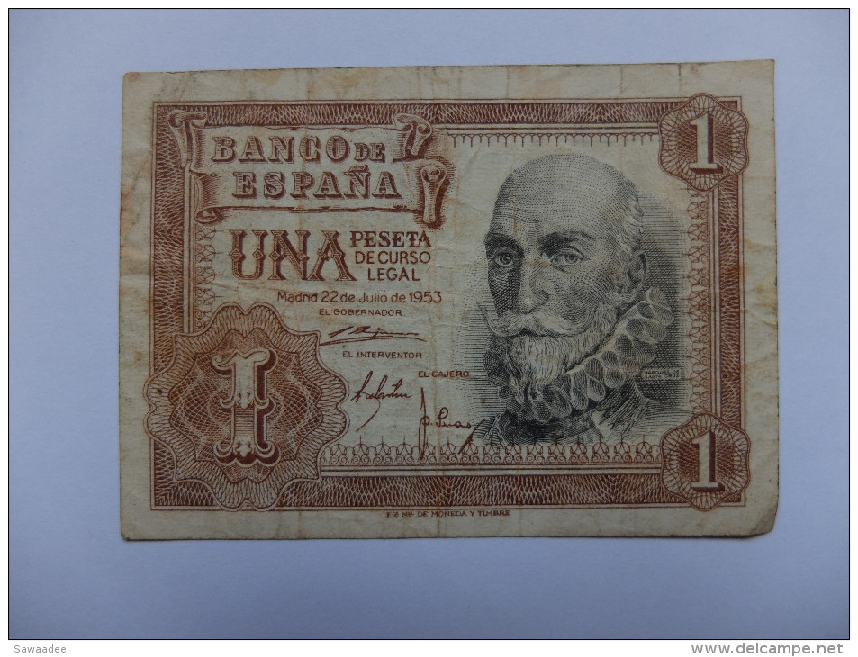 BILLET ESPAGNE - REGENCE DE FRANCO - P.144 - 1953 - 1 PESETA - M DE  SANTA CRUZ - VOILIER - 1-2 Peseten