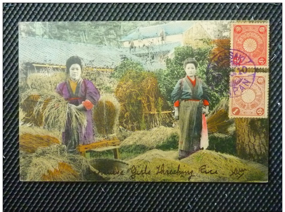 CPA Colorisée écrite De Nagasaki 1910 TIMBRE STAMP Paysannes Faisant Les Foins Moisson Blés Ou Récolte Du Riz - Autres & Non Classés