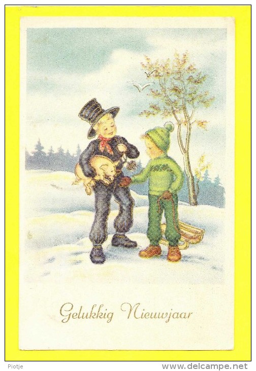 * Fantaisie - Fantasy - Fantasie * (New Year - Bonne Année) Enfant, Snow, Neige, Porc, Pig, Varken, Balayeur Cheminée - Nieuwjaar