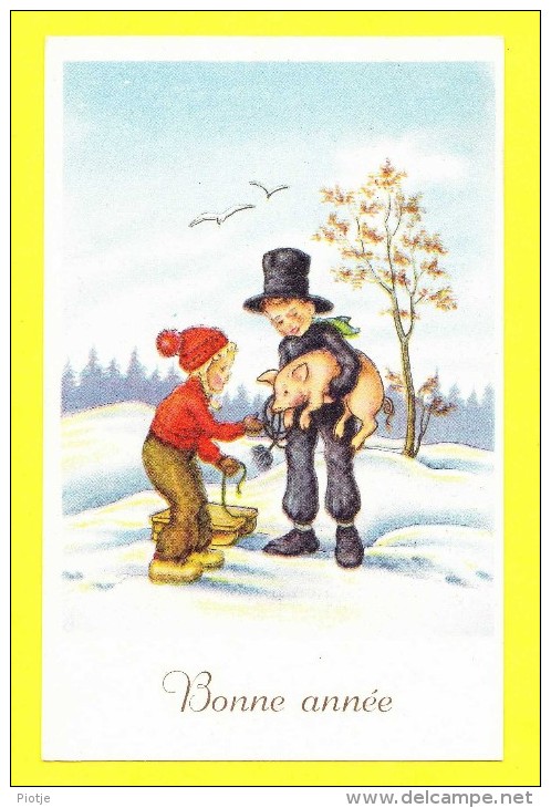 * Fantaisie - Fantasy - Fantasie * (New Year - Bonne Année) Enfant, Snow, Neige, Porc, Pig, Varken, Balayeur Cheminée - Nieuwjaar