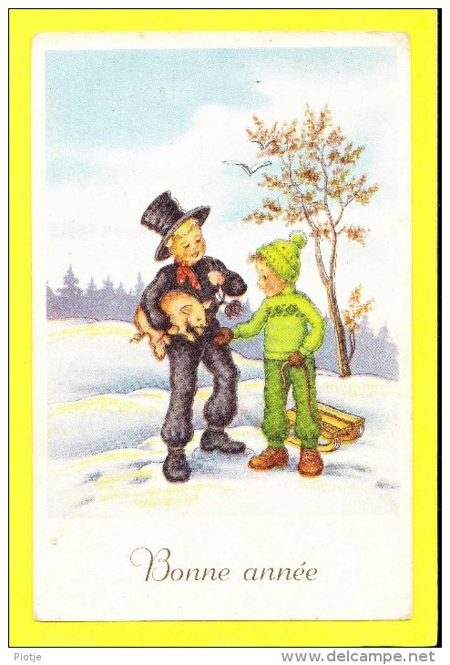 * Fantaisie - Fantasy - Fantasie * (New Year - Bonne Année) Enfant, Snow, Neige, Porc, Pig, Couchon, Balayeur Cheminée - Nouvel An