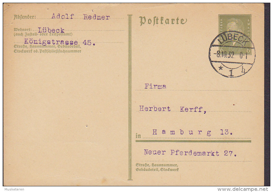 Germany Deutsches Reich Postal Stationery Ganzsache Entier 6 Pf Ebert LÜBECK 1932 HAMBURG (2 Scans - Tarjetas