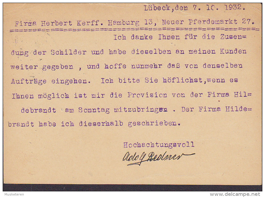 Germany Deutsches Reich Postal Stationery Ganzsache Entier 6 Pf Ebert LÜBECK 1932 HAMBURG (2 Scans - Postcards