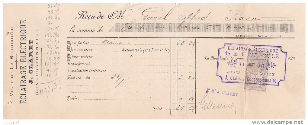 Lettre Change Reçu 31/8/1906 J CLARET Eclairage Electrique LA BOURBOULE Puy De Dôme - Lettres De Change