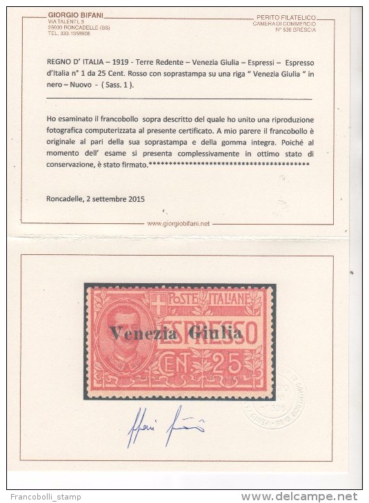 Venezia Giulia 25 C. Rosso Espresso MNH Certificato Bifani - Altri & Non Classificati