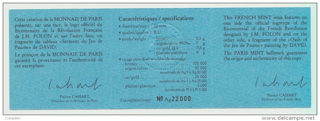 Monnaie De Paris - Bicentenaire De La Révolution Française - Dans Sa Capsule, étui Et Certificat D'origine - Mod Argent - Collections