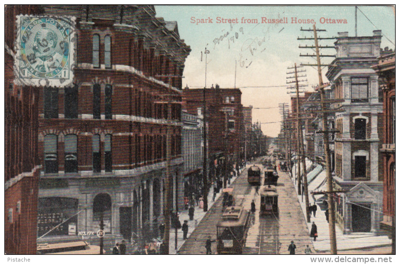 Vintage 1909 – Ottawa Ontario Canada – Spark Street – Animated – Tramway - 2 Scans – Stamp & Postmark - Charlton Co. - Ottawa