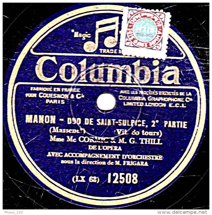 Disque 78 Tours - 30 Cm - état TB -  Mme Mc  CORMIC & G. THILL - MANON  DUO DE SAINT-SUPLICE 1re Et 2e Parties - 78 T - Disques Pour Gramophone