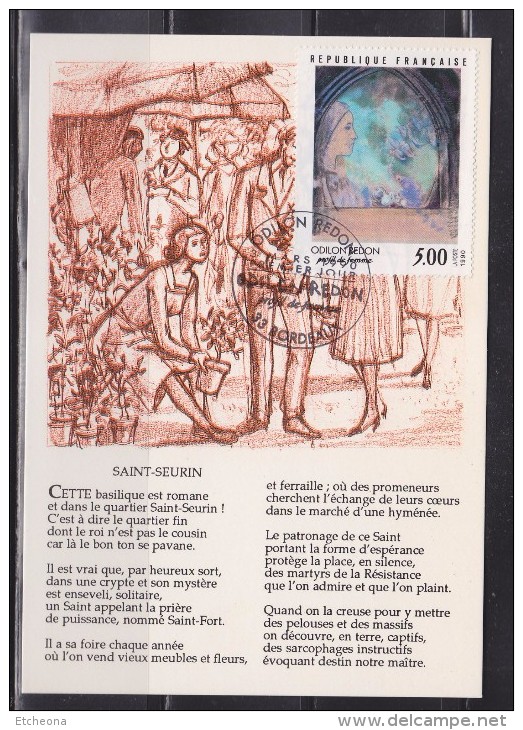 = Odilon Redon Carte Postale 1er Jour 33 Bordeaux 3.3.90 N°2635 Profil De Femme, Illustration Saint Seurin - 1990-1999