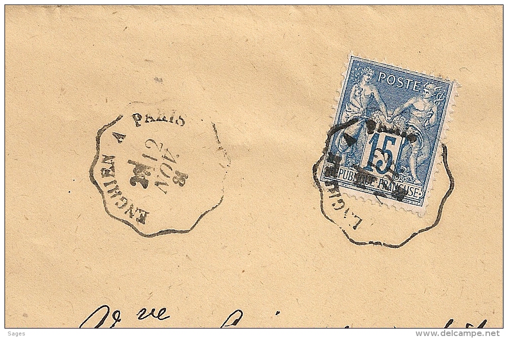 Convoyeur De Ligne ENGHIEN A PARIS Sur Enveloppe SAGE. L2 - 1876-1898 Sage (Type II)