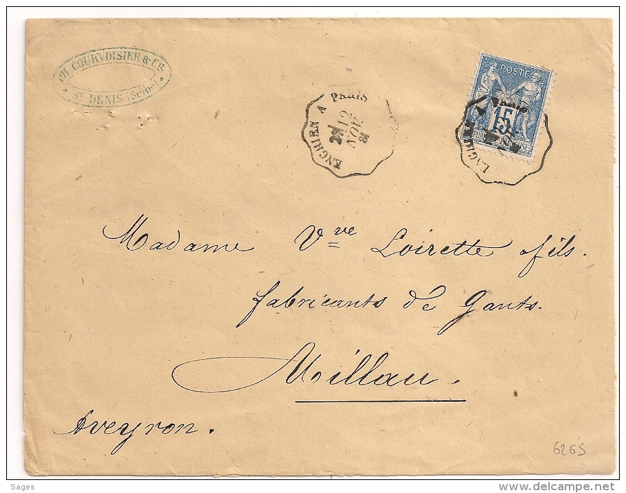 Convoyeur De Ligne ENGHIEN A PARIS Sur Enveloppe SAGE. L2 - 1876-1898 Sage (Type II)