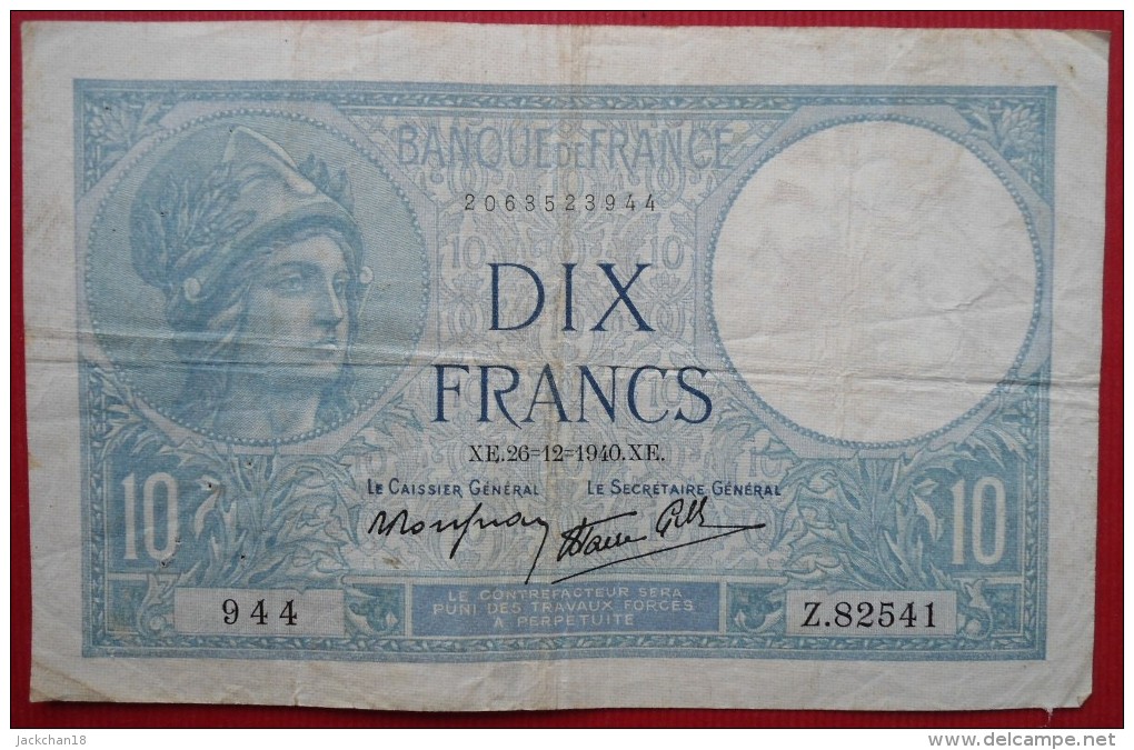 - BILLET DE BANQUE FRANCAIS  De 10 FRANCS - - 10 F 1916-1942 ''Minerve''