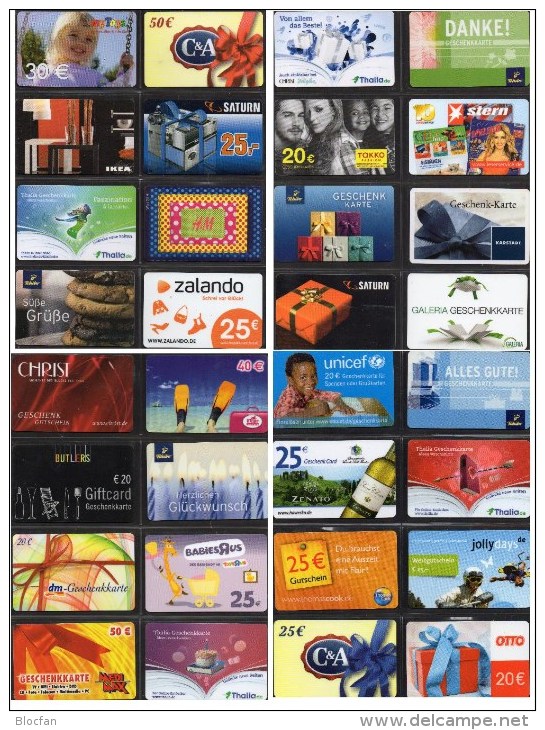 64 collection giftcards Geschenk-Karten Deutschland neu 80€ unbenutzt Tschibo Toys Thalia OBI Amazon C&A card of Germany