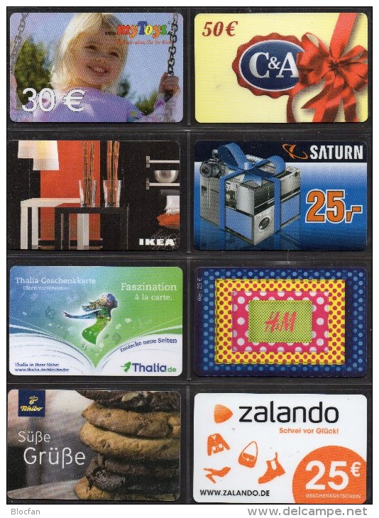 64 collection giftcards Geschenk-Karten Deutschland neu 80€ unbenutzt Tschibo Toys Thalia OBI Amazon C&A card of Germany