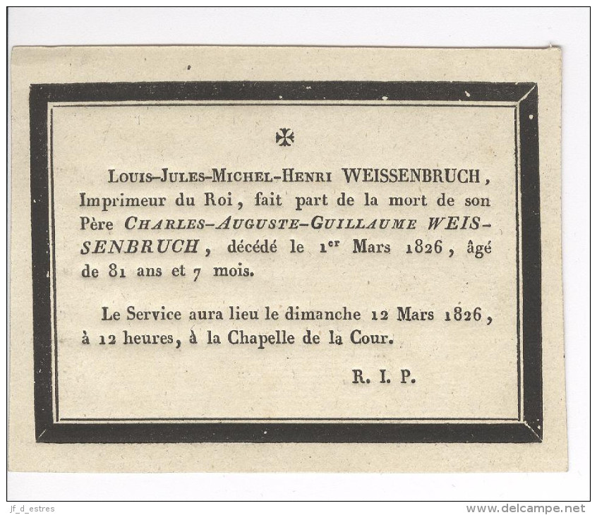 Faire-part Décès Charles Auguste Guillaume Weissenbruch Imprimeur Bruxelles 1826 - Décès