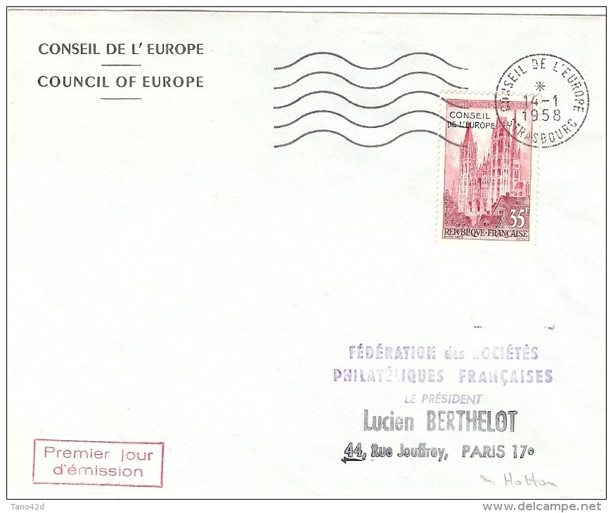 LCER6 - FRANCE TIMBRE DE SERVICE N°1 SUR PLI CONSEIL DE L'EUROPE STRASBOURG OBL. DU 14/1/1958 - Lettres & Documents