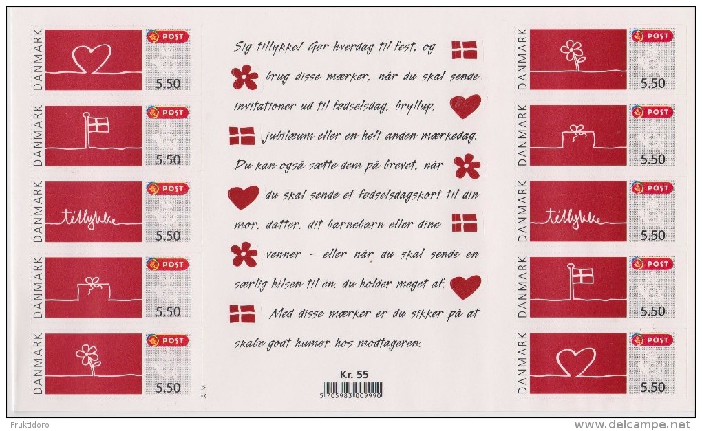 Denmark Mi 1598-1602 - Greetings Stamps - Heart - Flower - Flag - Present - Good Wishes * *  Full Sheet - Nuevos