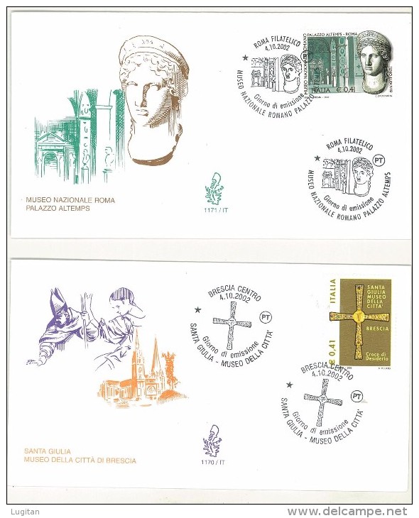 F.D.C. - VENETIA  - ANNO 2002 - TESORI E MUSEI E ARCHIVI NAZIONALI - 2 FDC - ROMA - BRESCIA - FDC