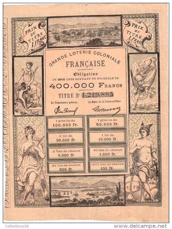 Billet De La Grande Loterie Coloniale Française (billet De 1 Franc) - Billets De Loterie