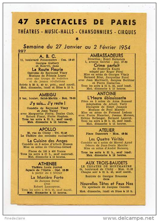 Programme - Spectacles De Paris - Du 27 Janvier Au 2 Février 1954 (3 Volets) - Programmes