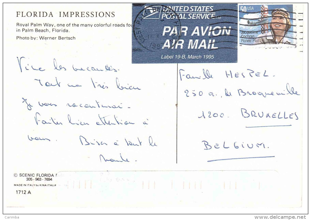 50 JACQUELINE COCHRAN AIR MAIL X BELGIUM PALM BEACH FLORIDA - Palm Beach