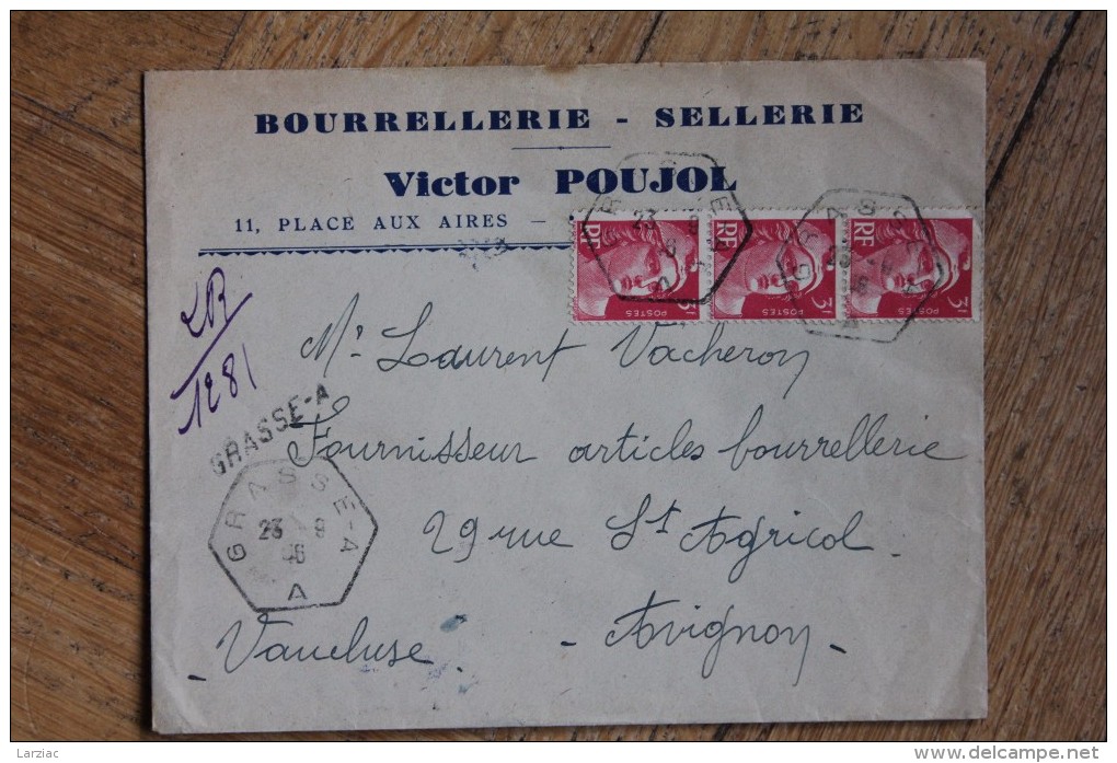 Envelopp Affranchie Type Gandon Oblitération Recette Auxiliaire Urbaine Grasse A 1946 Bourrellerie Sellerie - 1921-1960: Période Moderne