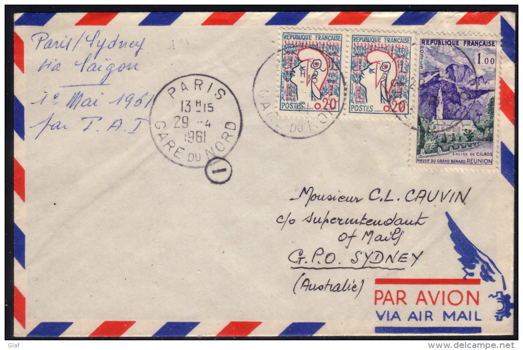 Lettre Avion Pour L’Australie Affr. 2 X 0,20 Marianne De Cocteau Et 1,00 Eglise Cilaos Tàd Paris Gare Du Nord 29.4.1961 - 1961 Marianne De Cocteau