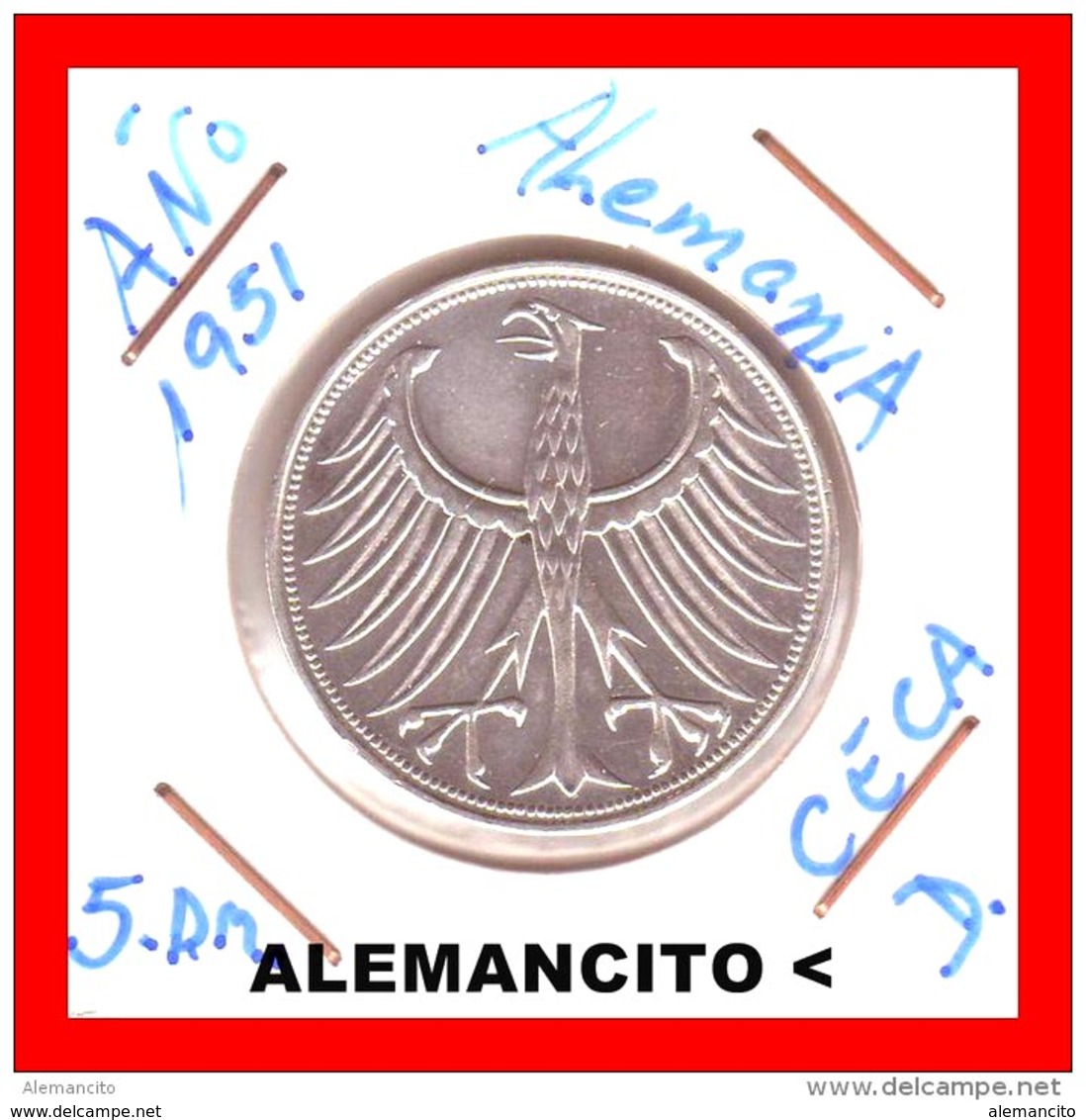 ALEMANIA -  MONEDA DE 5 DM PLATA CECA D-AÑO 1951 - 5 Marcos