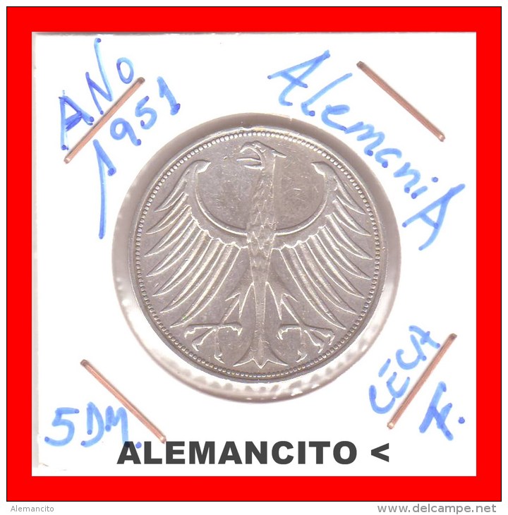 ALEMANIA -  MONEDA DE 5 DM PLATA CECA F-AÑO 1951 - 5 Marcos