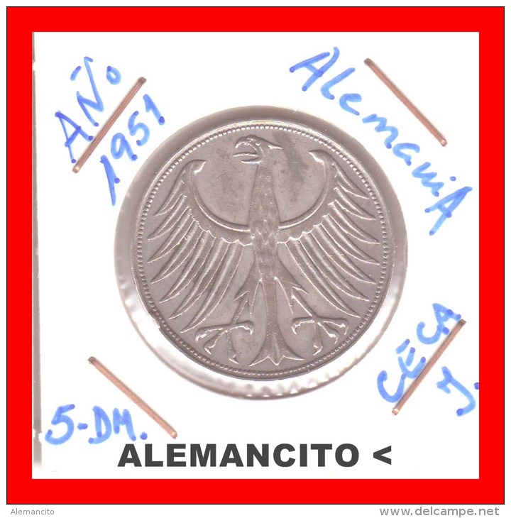 ALEMANIA -  MONEDA DE 5 DM PLATA CECA . J -AÑO 1951 - 5 Mark